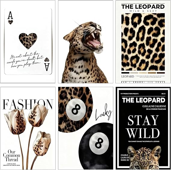 6Pcs Leopard Print Bedroom Decor, Chic Trendy Vogue Poster Set, Canvas Room Decor Aesthetic Bedroom Wall Art, Fashion Y2K Room Decor for Teens, Young Adults Wall Decoration (Unframed, 20X30cm)