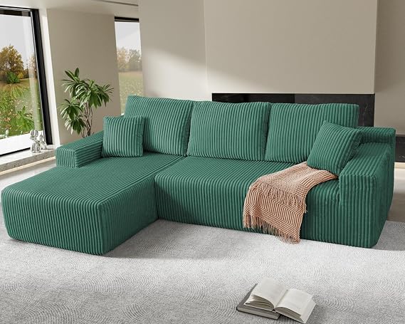 105" Cloud Sectional Couch, L-Shaped Modular Sectional Sofa with Deep Seat, Boneless Couches for Living Room Bedroom, Corduroy Upholstery Green, Left Facing Chaise