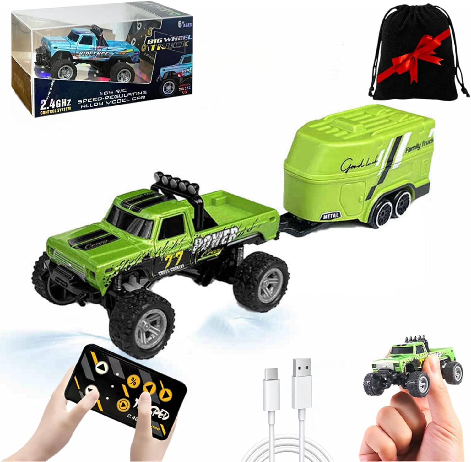 Mini RC Monster Truck 164 Scale With Lights, 2.4Ghz Remote Control Car Rechargeable, Alloy Semi Truck for Kids, Speed Adjustable With Trailer Green