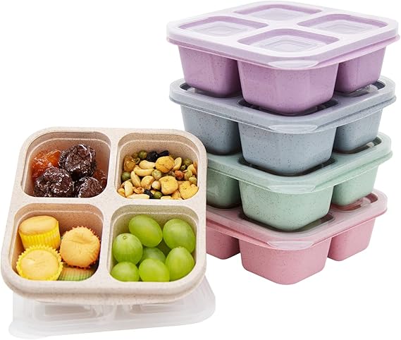 5 Pack Bento Lunch Box,4 Compartment Snack Containers,Divided Bento Snack Box,Meal Prep, Lunch Box Kids/Toddle/Adults,Food Storage Containers for School, Work and Travel (Multicolor-1)