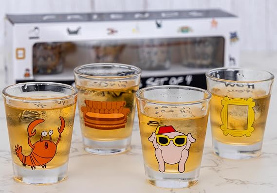 PuGez 4 Pack Friends Mini Shot Glasses, Merchandise TV Show Presents for Fans, Home Decor for Friends, Birthday/Party Decorations/Housewarming Gifts, 1.5 oz