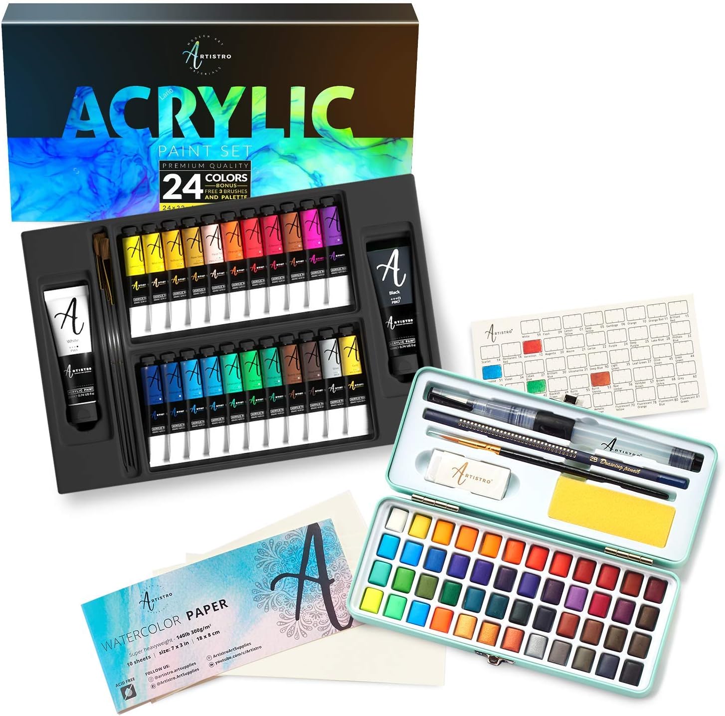 Artistro Watercolor Paint Set 48 Colors and Acrylic Paint Set 24 Colors for Canvas Painting, Wood, Fabric, Clay, Ceramic &amp; Crafts