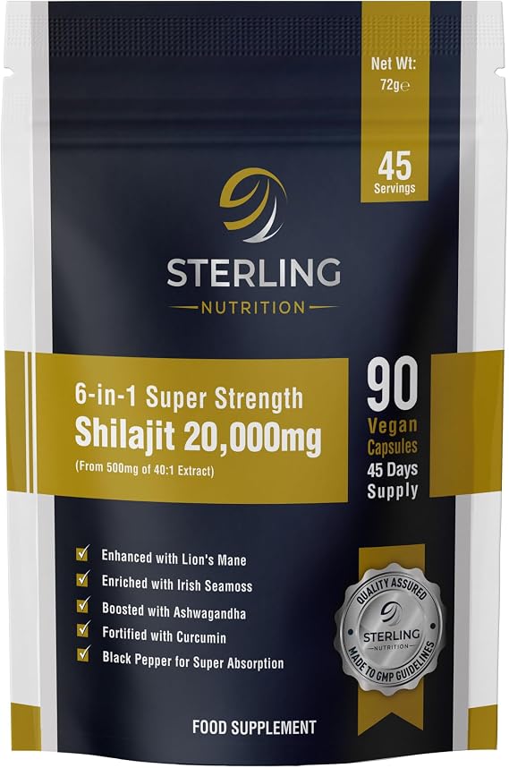 Shilajit Capsules – Himalayan 20000mg 6-in-1 Super Strength Complex | with Lion’s Mane, Irish Sea Moss, Ashwagandha, Curcumin & Black Pepper | 90 Vegan Capsules | STERLING NUTRITION