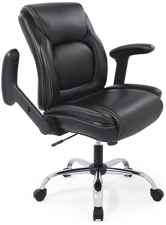 Ergonomic Heavy Duty Mid-Back Padded Bonded Leather Padded Adjustable-Height/Tilt Office Chair, Comfortable Swivel Computer Desk Task Office Stool with Functional Arms, Design for Sedentariness, Black