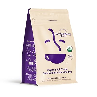 Coffee Bean Direct Organic Fair Trade Dark Sumatra Mandheling, Whole Bean Coffee, Dark Roast, 1 Pound Bag Pack of 1