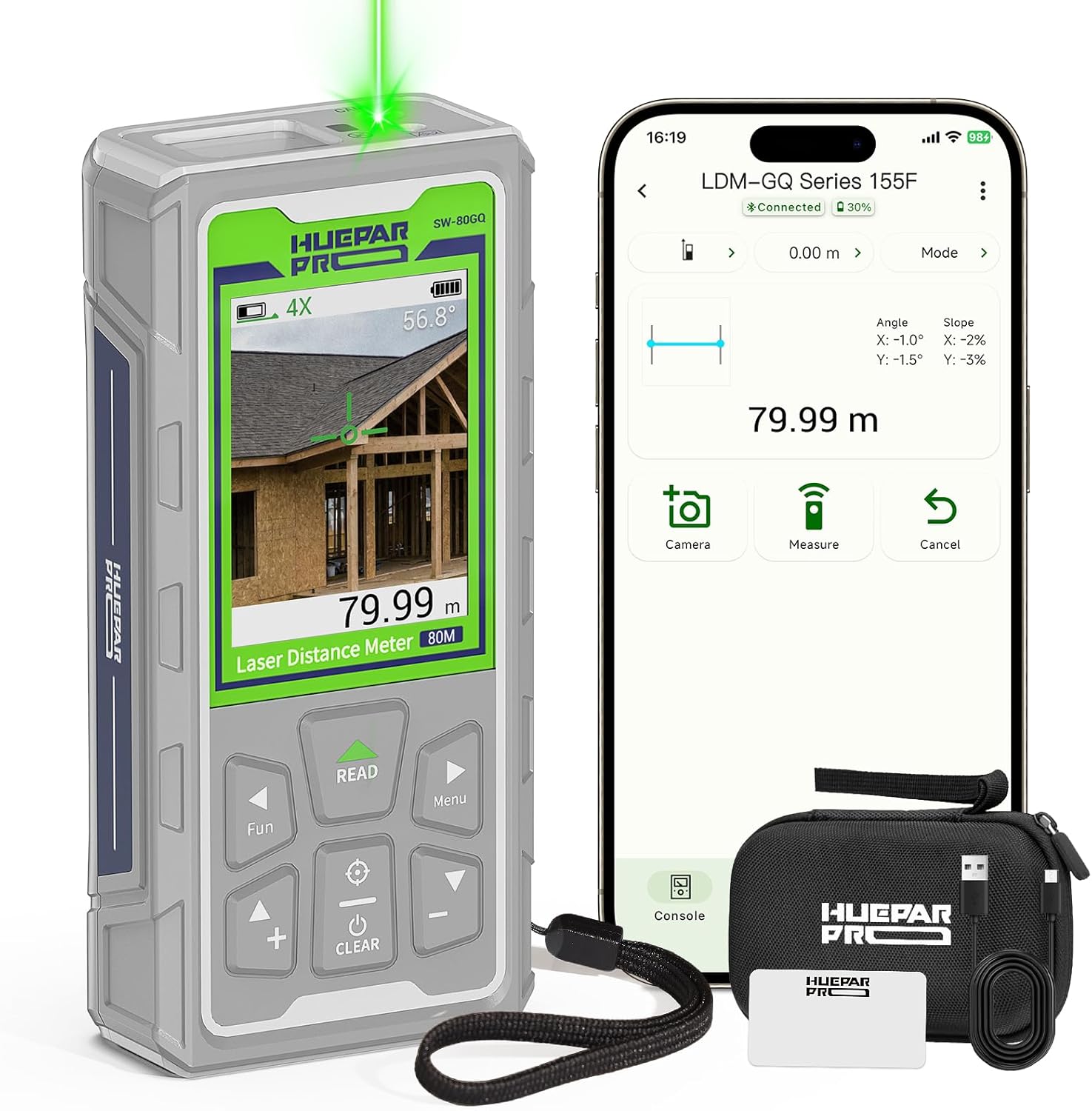 Huepar Pro Outdoor Laser Measure 80m – Digital Laser Measurement Tool with Camera, Bluetooth, P2P Technology, Area/Volume/Pythagorean/Angle Measurement, Electronic Level, Type-C Charging SW-80GQ