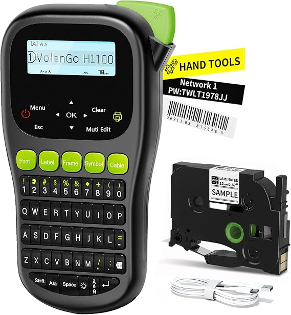 Label Maker Machine with-Tape, Handheld Portable Wire Label Maker | Waterproof-Labels 12mm Laminated, H1100 Labelmaker with Keyboard, Backlight & One-Touch Key, Industrial Electrical Office Use