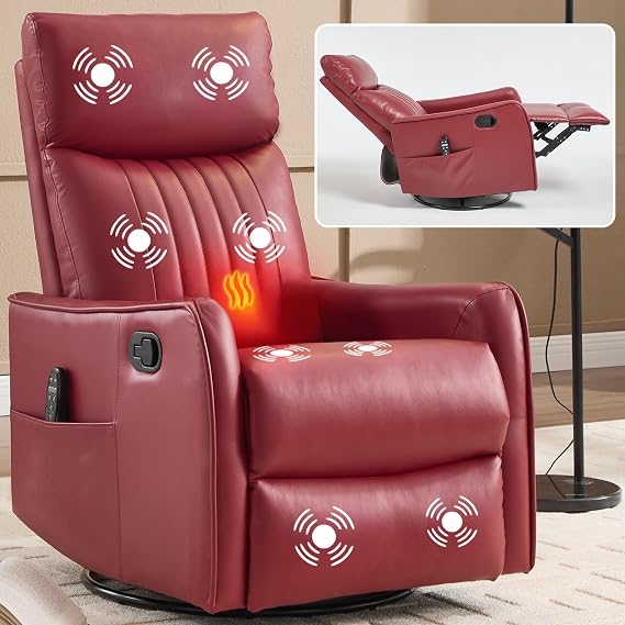 Gliding Recliner Chair with Massage & Heat, Swivel Rocking Chair Recliner with High Back, Small Recliner Chair for Small Spaces, Manual Lazy Boy Recliners for Adults (PU Leather, Red)