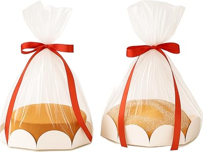 Sunnychicc 20 Pcs Christmas Clear Plastic Bake Bags with Red Ribbon 8 Inch Clear Cellophane Bags for Toast Bread Cookies Candy Chocolate Cake Christmas Gift Packaging Cake Tray and Gold Ribbon