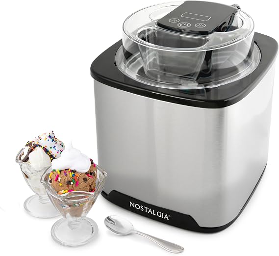 Nostalgia 2-Quart Electric Ice Cream Maker Make Homemade Ice Cream, Gelato, Sorbet & Frozen Yogurt No Salt/Ice Needed, Digital Controls, Mix-In Chute & Freezing Gel Canister Stainless Steel