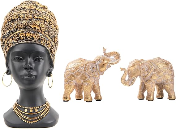 Woman Gold Black Statue & Elephant Figurine Set Bundle