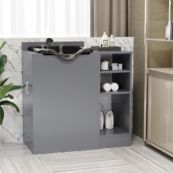 OmySalon Salon Station, Shampoo Bowl with Cabinet, Freestanding Backwash Sink with Adjustable Shelf, UPC Certified Faucet, for Spa Beauty, Barber, Home, Gery