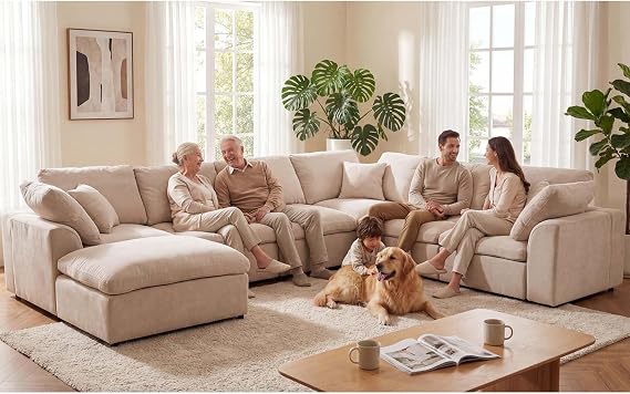 KIVENJAJA 130.3" Oversized Modular Sectional Cloud Sofa Couch, Beige | cloud soft, 7 seater, removable ottoman, easy rearrangement, chenille, large living room, big family