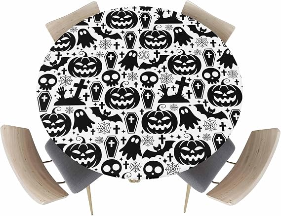 Fitted Round Tablecloths Table Covers 45-54in,Halloween Horror Skull Pumpkin Ghost Waterproof Elastic Edged Table Cloth for Kitchen Dining Holiday Party Tables Decor,Spiderweb Bat Black White
