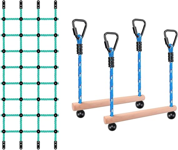 BeneLabel Climbing Cargo Net & Ninja Monkey Bars Obstacle Bundle - 100% Nylon Plastic, 250LB Capacity