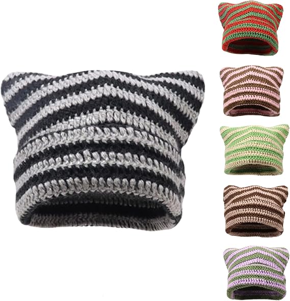 Cat Ear Beanie Striped Crochet Hat, Cat Beanie Devil Stripes Knitted Beanie Hat,Fairy Grunge Headwear Accessories for Women