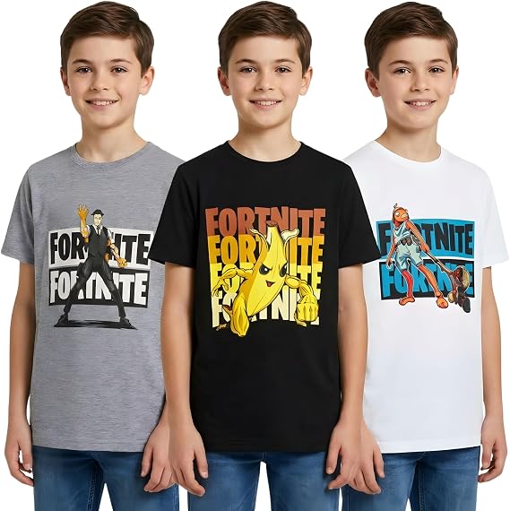 Fortnite Boys T-Shirts 3 Pack, Pack of 3 Cotton Short Sleeve Gaming Tops for Kids & Teens, Ages 7 to 14 Years