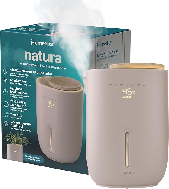 Homedics Natura Ultrasonic Warm Cool Mist Humidifier 1.3-Gal | Large Rooms, 60-Hr Runtime, Plant Holder, Programmable Humidity, Auto Shutoff Small Pot Compatible(Plant Not Included)
