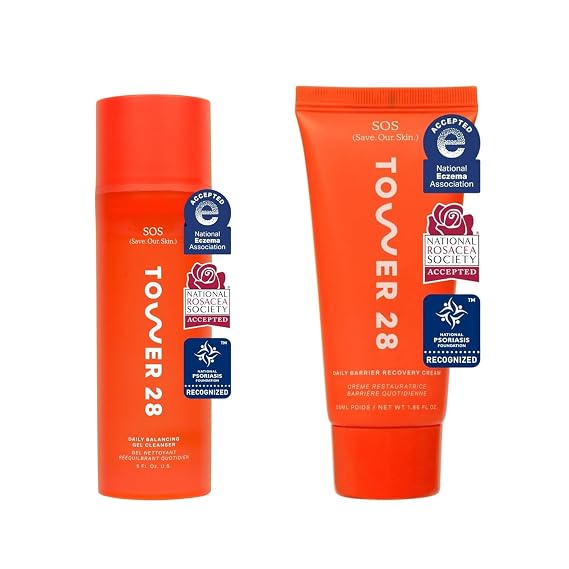 Tower 28 SOS Skin Care Set - Balancing Gel Cleanser (150 ML) + Barrier Recovery Cream (1.86 Oz) - Soothing Face Wash for Sensitive Skin + Hydrating Face Moisturizer with Hyaluronic Acid (2 Count)
