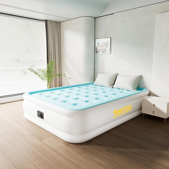 Queen Air Mattress with Built in Pump, Self Inflatable Air Bed Queen, 18" Height Portable Mattress, Blow up Airbed for Camping and Guests. (18" Height, Light Blue).