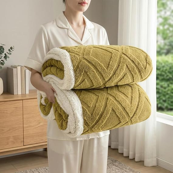 Double-sided Fluffy Sherpa Throw Blanket for Couch,Mustard Yellow,40"x60"