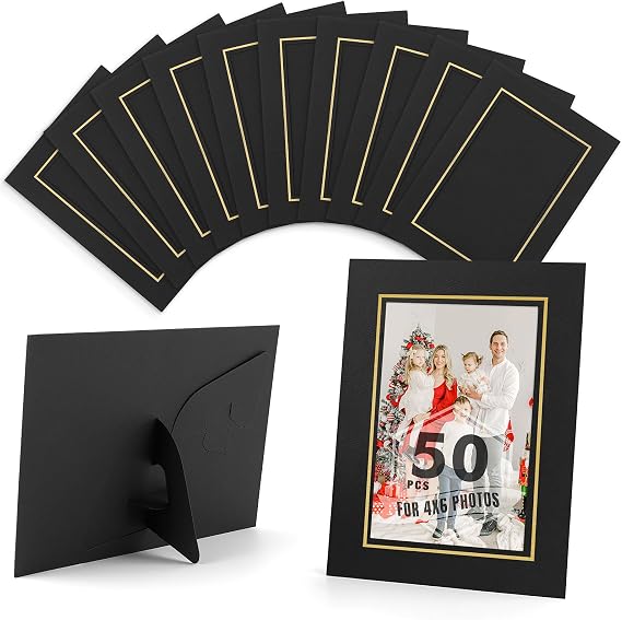 Mat Board Center 50 Pack Paper Picture Frames Photo Folders 4x6 with Easel, Folder, (Black, Gold Lining)