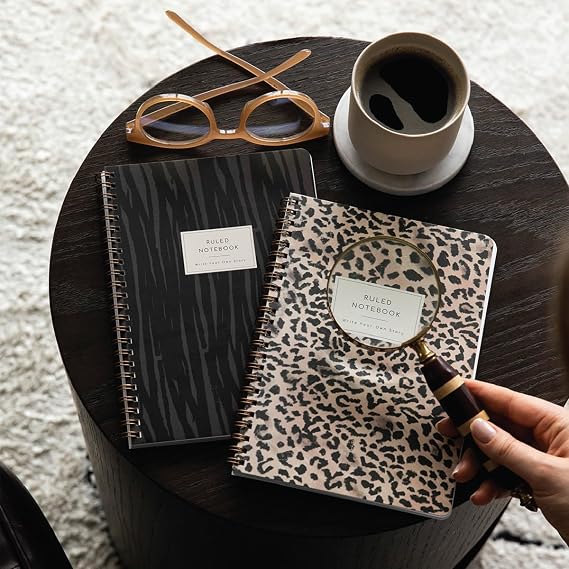 PAPERORA A5 Spiral Cardboard Cover Striped School Notebook 80 sheets Set of 2 - Course Scheduled - Leopard