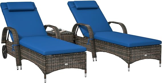 Outsunny Wicker Outdoor Chaise Lounge Chair Set of 3 with Side Table, 5-Level Adjustable Backrest PE Rattan Pool Lounge Chair with Wheels, Cushion & Headrest, Brown and Gray
