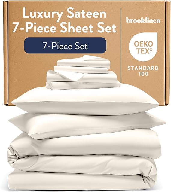 Brooklinen Luxury Sateen Sheet Set - 7 Piece 100% Cotton Bed Sheets - 1 Fitted & 1 Flat Sheet, 4 Pillowcases, 1 Duvet Cover, Soft Sateen Sheets for Ultimate Comfort Twin - Cream