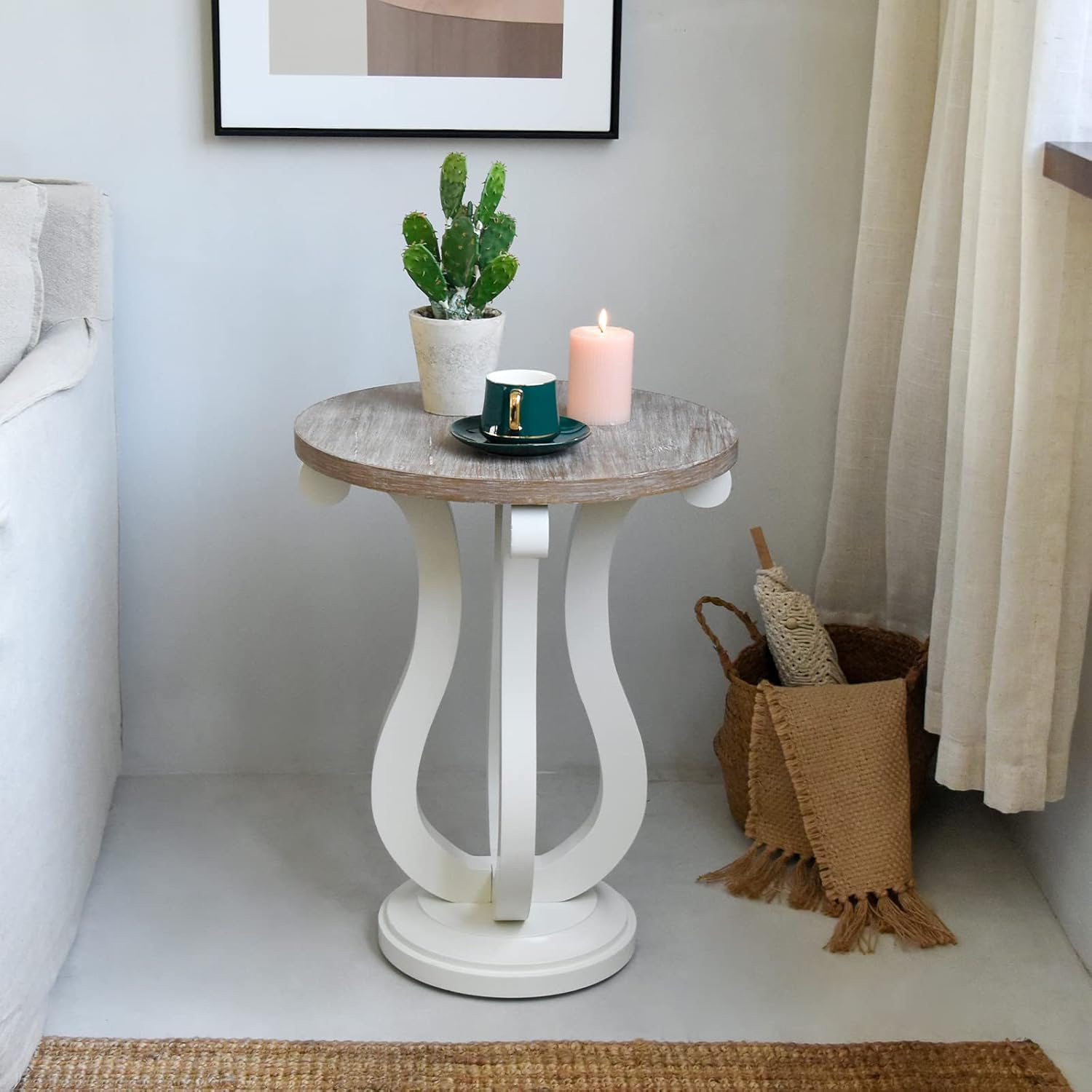 Aoikax Farmhouse End Table, Pedestal Accent Side Table with Concave Legs, Wood Round Plant Stand for Living Room, Bedroom, Handcrafted Finished, White&Natural