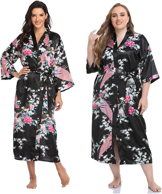 Super Shopping-zone Women's Floral Long Silk Kimono Robes Satin Dressing Gown Peacock Blossoms