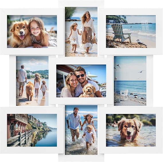 SONGMICS Picture Frame Collage for 9 Photos in 4x6, Picture Frames, Photo Frame Set, Glass, Assembly Required, Wall-Mounted, Family Photos, MDF, Cloud White RPF029W01