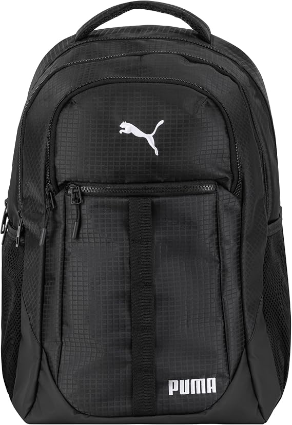 PUMA Strategy Ripstop Backpack with Padded Adjustable Straps, Laptop Sleeve & Water Bottle Pockets, Black/White, One Size