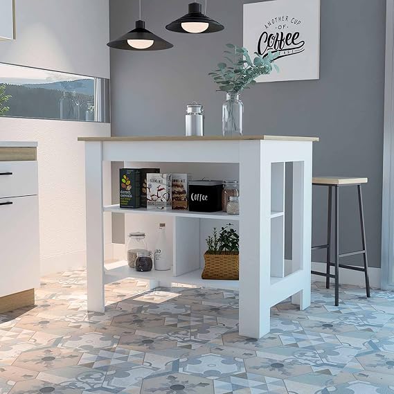 FM FURNITURE Brooklyn Kitchen Island White, Surface Color Light Oak, with Three Uncovered Shelves. for Kitchen Room