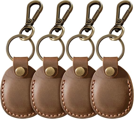4 Pack Genuine Leather Holder for AirTag - Compatible with Apple AirTag 2nd & 1st Gen, Handmade Keychain Case with Metal Rings, Hidden Design - Retro Gift Set for Men & Women