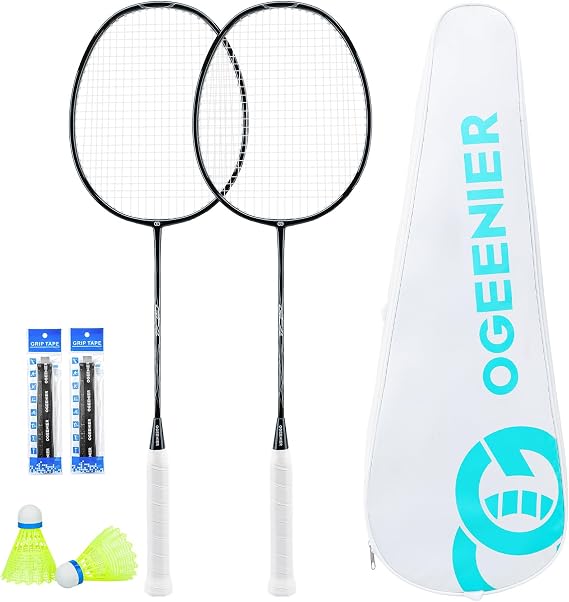 OGEENIER Badminton Racket Set of 2 and Birdies for Beginners | G4 Grip Size, Lightweight, Pre-Strung, Aluminum Frame, Sturdy Carbon-Fiber Shaft, Bigger Sweet Spot, All-ready Set