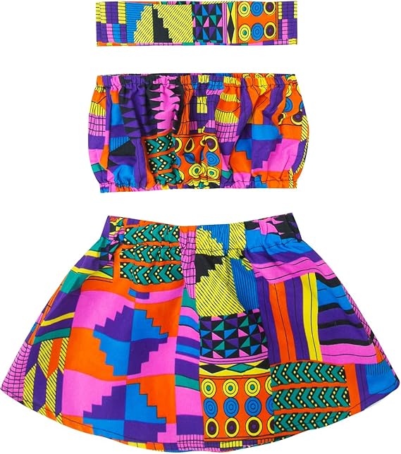 African Print Baby Girl Skirt & Matching Headwrap 3 Pcs Kente Kid Outfit Set