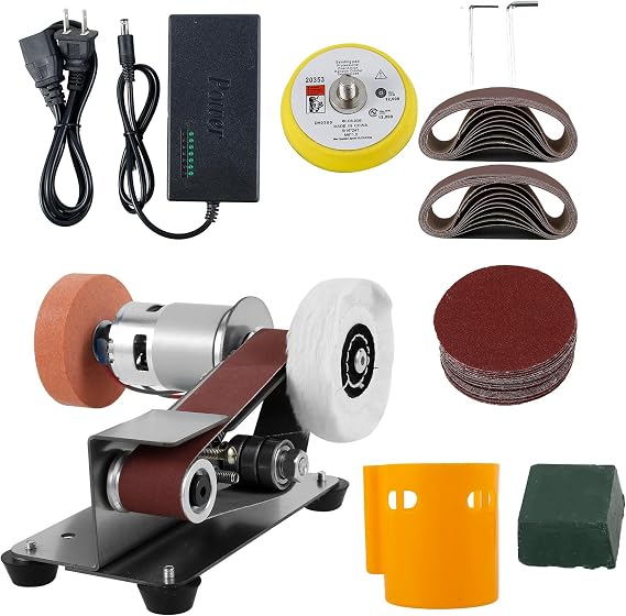 Mini Belt Sander, 15° Electric Knife Sharpener Bench Grinder Sanding Machine, 7 Adjustable Speed Electric Belt Grinder, Low Noise Cutter Sharpener Sander, Polishing Grinding Machine for Metal Jewelry
