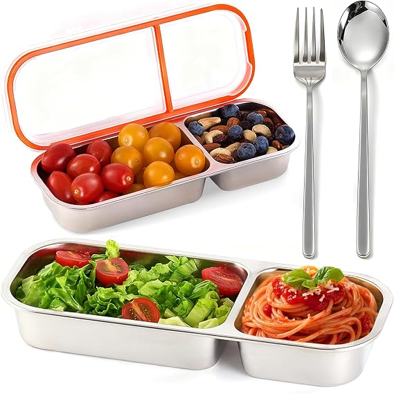 2 Pack Stainless Steel Snack Containers for Kids & Adults, Reusable Snack Containers with Lids & Fork & Spoon, 2 Compartment Snack Containers, Snack Pack Containers for Home School Office Travel