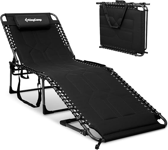KingCamp Oversized Tanning Chair Padded Lounge Chair, Black | Extra-Wide Padded, Folding Chase Lounge, Portable Adjustable 5-Position, 440lbs Heavy Duty