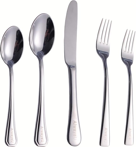 Silverware Set Black Utensil Flatware Tableware Cutlery 24 Piece 18/10 Stainless Steel Mirror Finish Service for 6 Include Dinner Knife Fork Spoon Teaspoon Diswasher Safe