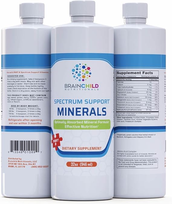 BrainChild Nutritionals Spectrum Support Minerals Liquid Supplement for Autism - Well Absorbed for Kids & Adults on the Spectrum, Ultra-Colloidal Suspension, Casein-Free, Unflavored 32oz