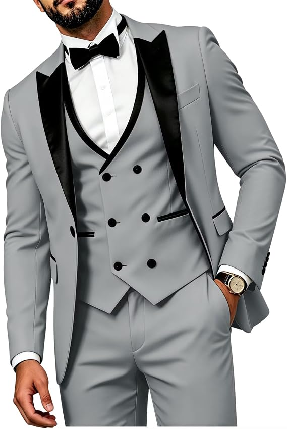 HUUTOE Mens 3 Piece Suit Men Double Breasted Suits Slim Fit Wedding Prom Graduation Homecoming Blazer Vest Dress Pants