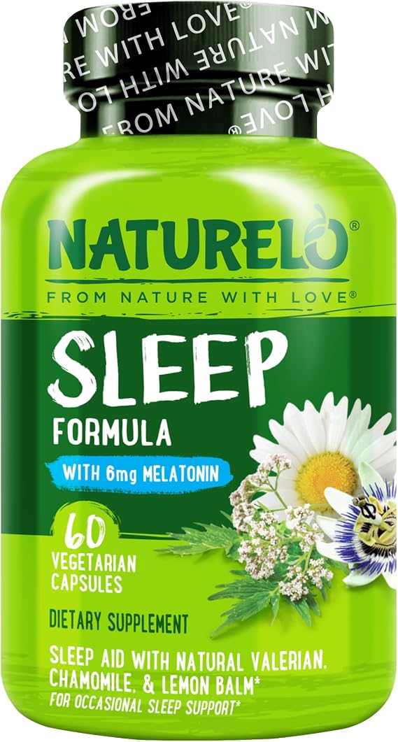 NATURELO Sleep Aid - with Melatonin, Magnesium, GABA, Valerian Root, Lemon Balm, Chamomile Herbal Extracts - Plant-Based Sleeping Aid - 60 Vegan Capsules