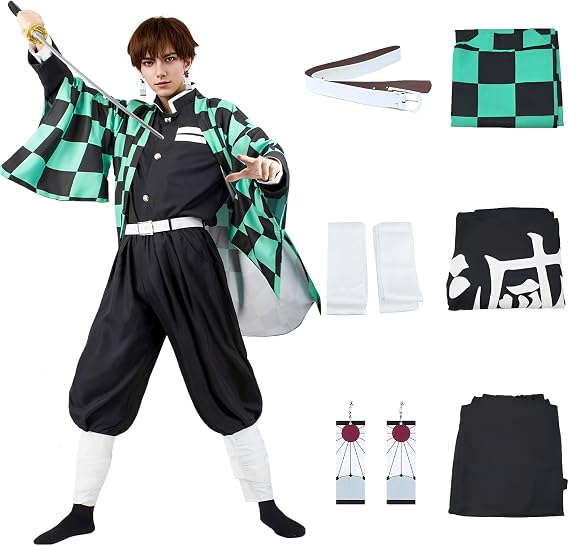 yumcute Nezuko Tanjiro Cosplay Costume with Accessories, Anime Cosplay Costume Kimono Outfit, Carnival Halloween Party Costume