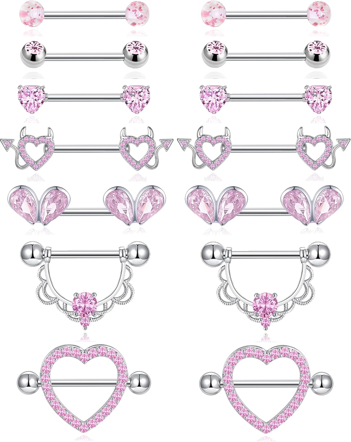 7 Pairs Nipple Rings for Women 14G Stainless Steel Pink CZ Heart Devil Acrylic Ball Straight Barbell Nipple Bars Tongue Rings Set Cute Nipplerings Piercing Jewelry Sliver Tone