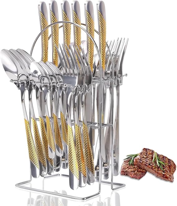 Cutlery Set with Stand, 24 Piece Gold Silverware Set Cutlery Set, Stainless Steel Flatware Set for 6 Person, Mirror Polished Tableware Set with Holder for Home Kitchen (Gold+Silver)