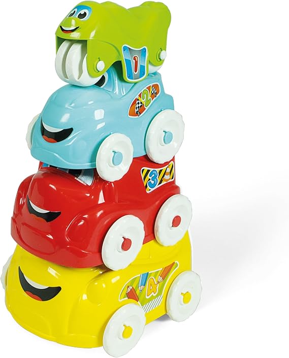 Clementoni- Stacking Vehicle Toy: 4 Piece Playset, Bus, Truck, Car & Motorbike (6+ Months)