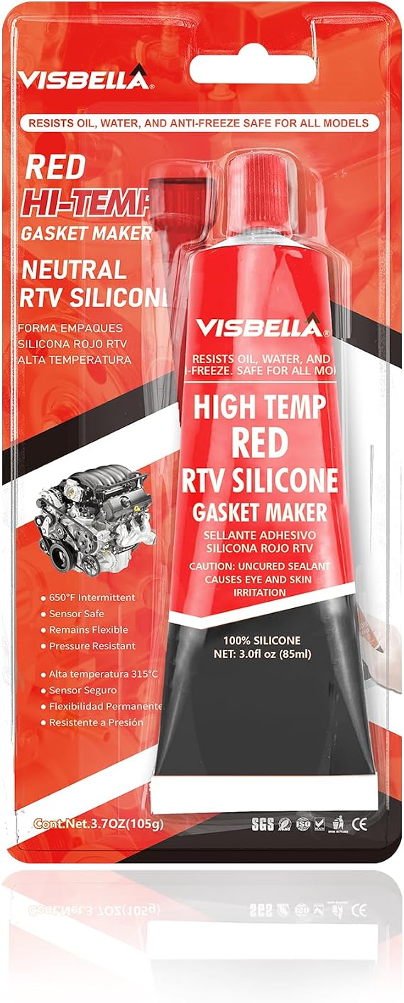 Visbella High Temperature RTV Silicone Gasket Maker, Sealed Oil Resistant Waterproof Quick Dry Liquid for Bonding Internal Combustion, Steam Turbines, Automotive Engine Parts 3.7OZ (Red)