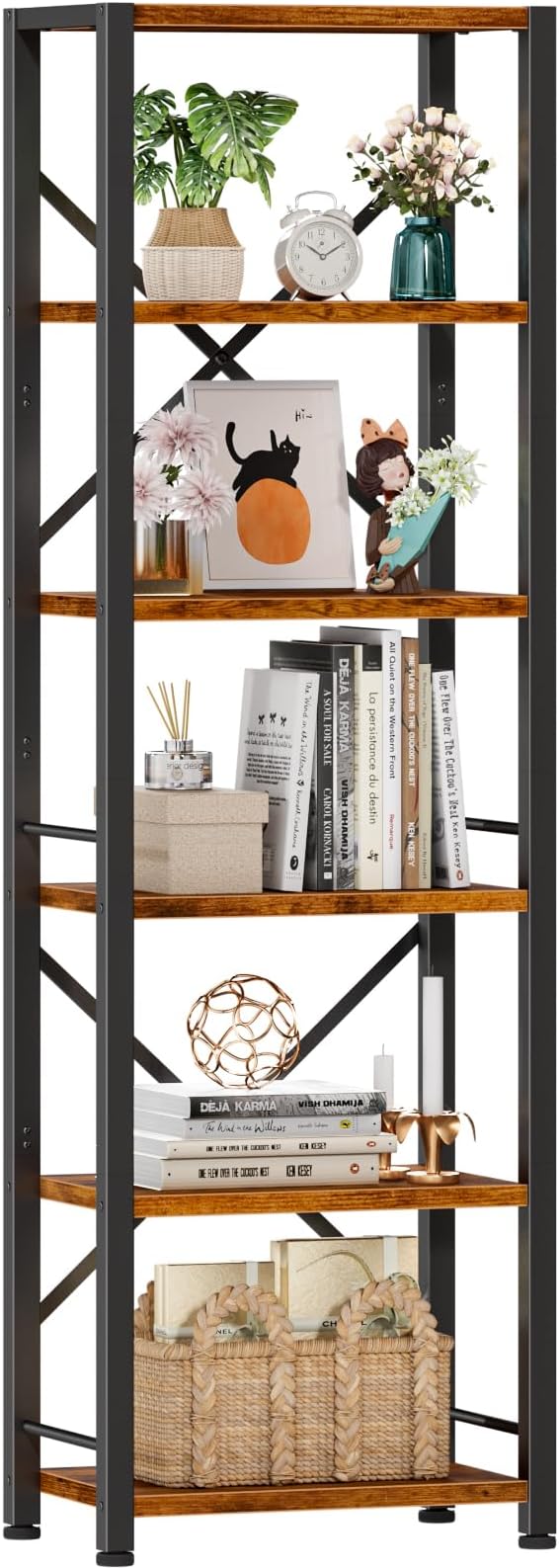 Furologee 6 Tier Bookshelf, Tall Narrow Bookcase, Rustic Brown | 59.6'' Tall Industrial Display Shelf, Freestanding Units for Bedroom, Living Room, Office, Bathroom, Holds 30lbs per tier